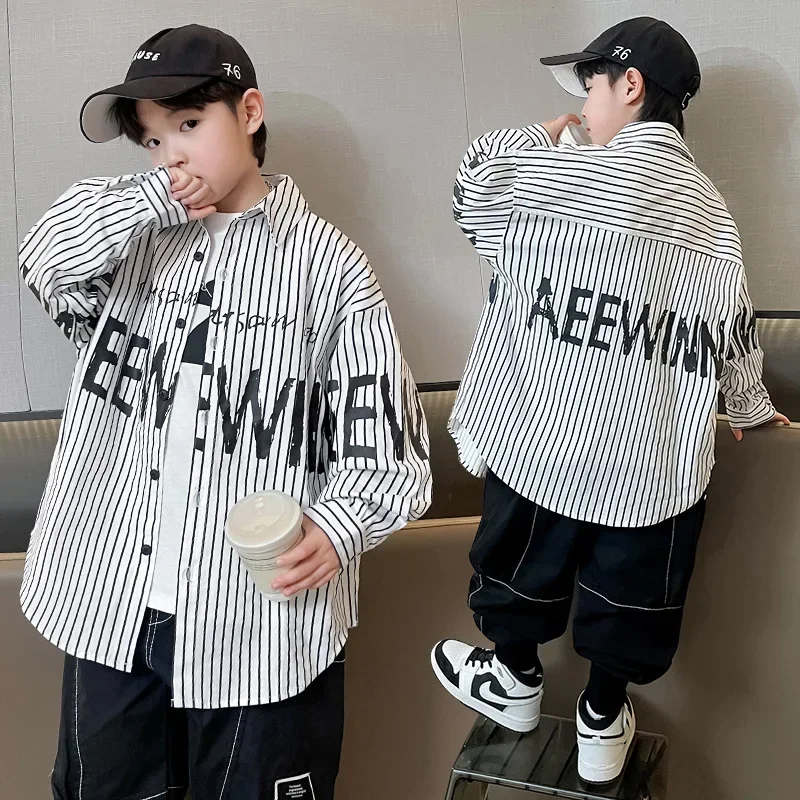 New Fashion Kids Long Sleeve Black And White Striped Shirt For Teen Boys Korean Loose Style Teenage Boy Letter Blouse Tops 5-14y