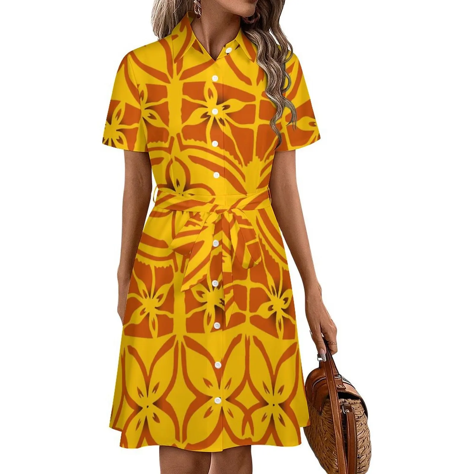 폴리네시안 여성 프린트 패턴 사모아 부족 스타일 하와이안 반팔 셔츠 드레스