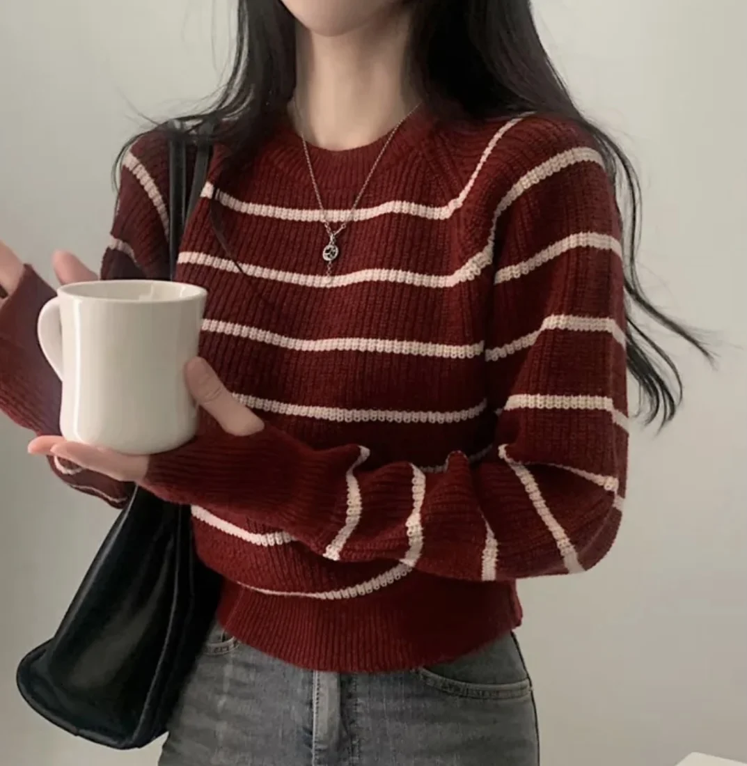 

Полосатый пуловер с цветными блоками для женщин, с удлиненными рукавами и теплым отверстием, толстый вязаный свитер