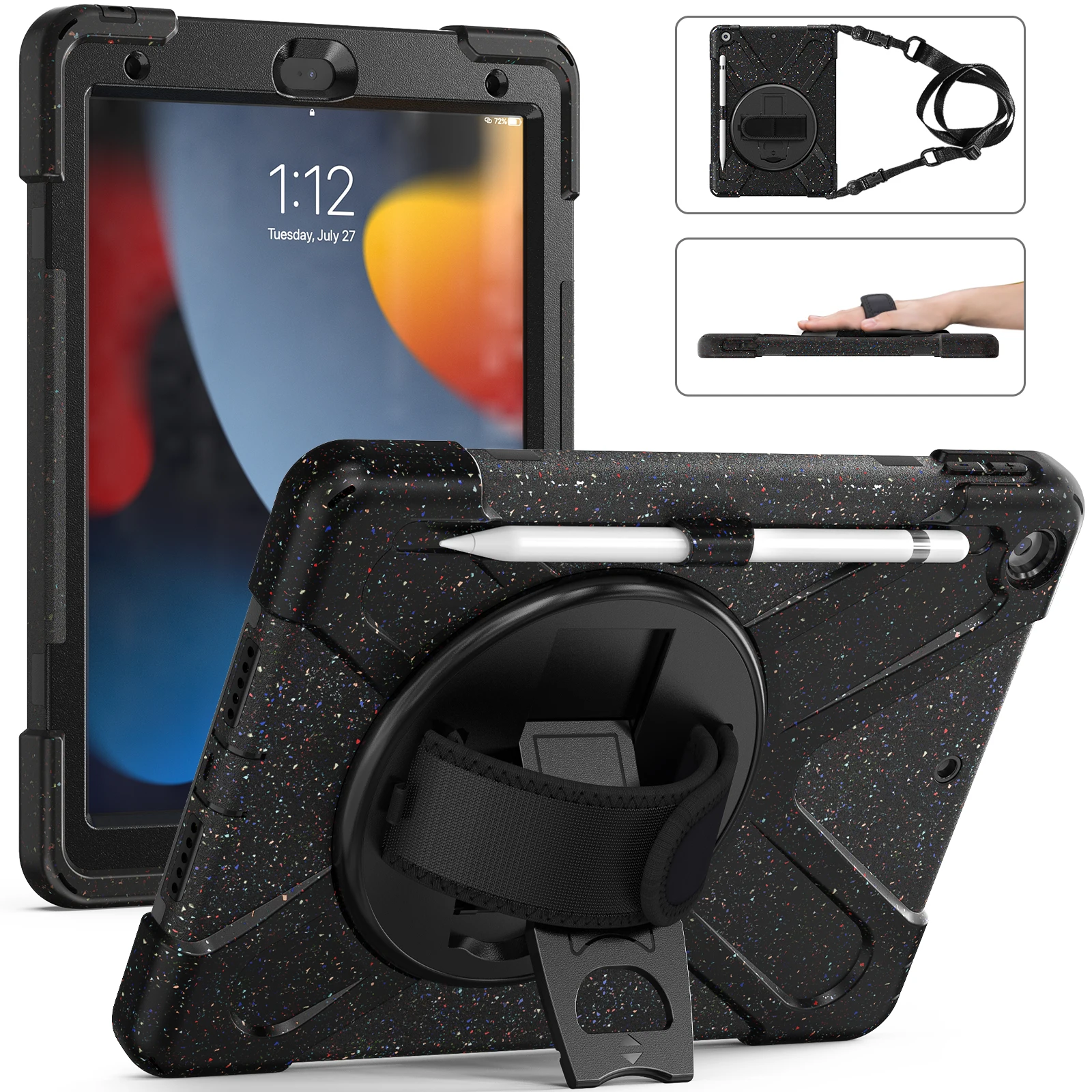 

360 Rotating Stand Case For iPad 10.2" 2019 2020 2021 7th 8th 9th Generation Hybrid Cover With Pen Holder,Hand & Shoulder Strap