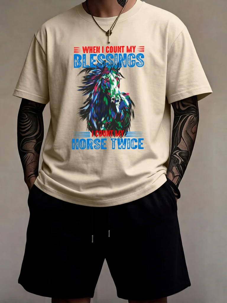 

Blessings I Count My Horse Twice Print Breathable All-Match Man'S Tops Sets Cotton Beach O-Neck T-Shirt Running Summer Pants