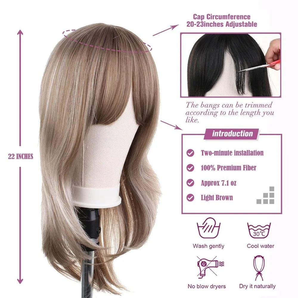 شعر مستعار بني مع الانفجارات 22 بوصة فراق مركزي طويل مستقيم الطبقات شعر مستعار للنساء مظهر طبيعي ألياف صناعية مقاومة للحرارة ث #4