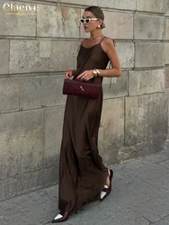 Clacive Fashion Loose Brown Satin Womens Dresses 2025 Summer Strap Sleeveless Floor Length Dress Sexy Backless Female Dress