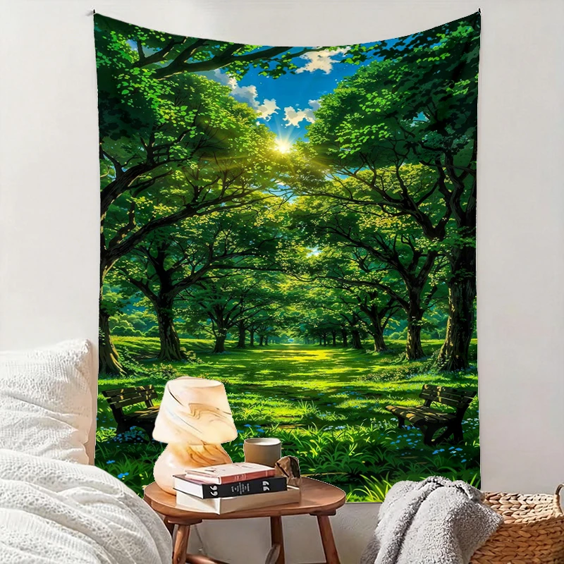 1PC Anime Green Forest Art Print Backdrop Banner, Bedroom Living Room Photo Background, Polyester, Home Decor, Wall Art