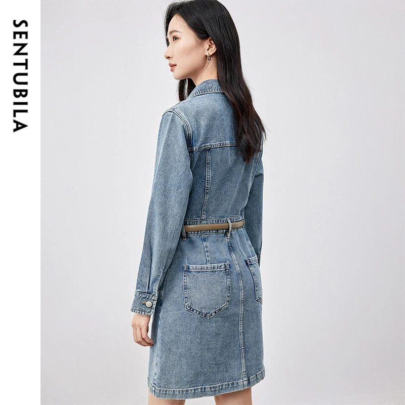 SENTUBILA 100% قطن فساتين من قماش الدنيم للنساء 2025 ربيع خريف خمر موضة غسلها الدنيم زر فستان قصير مع حزام W51L58769