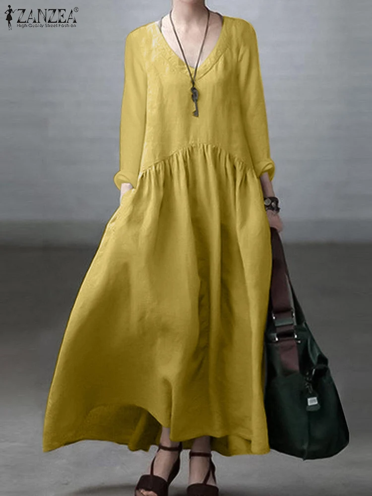 Autumn Vintage Long Dress Women Casual Solid Long Sleeve Sundress Stylish Holiday Robe Vestidos ZANZEA Elegant Loose Dresses