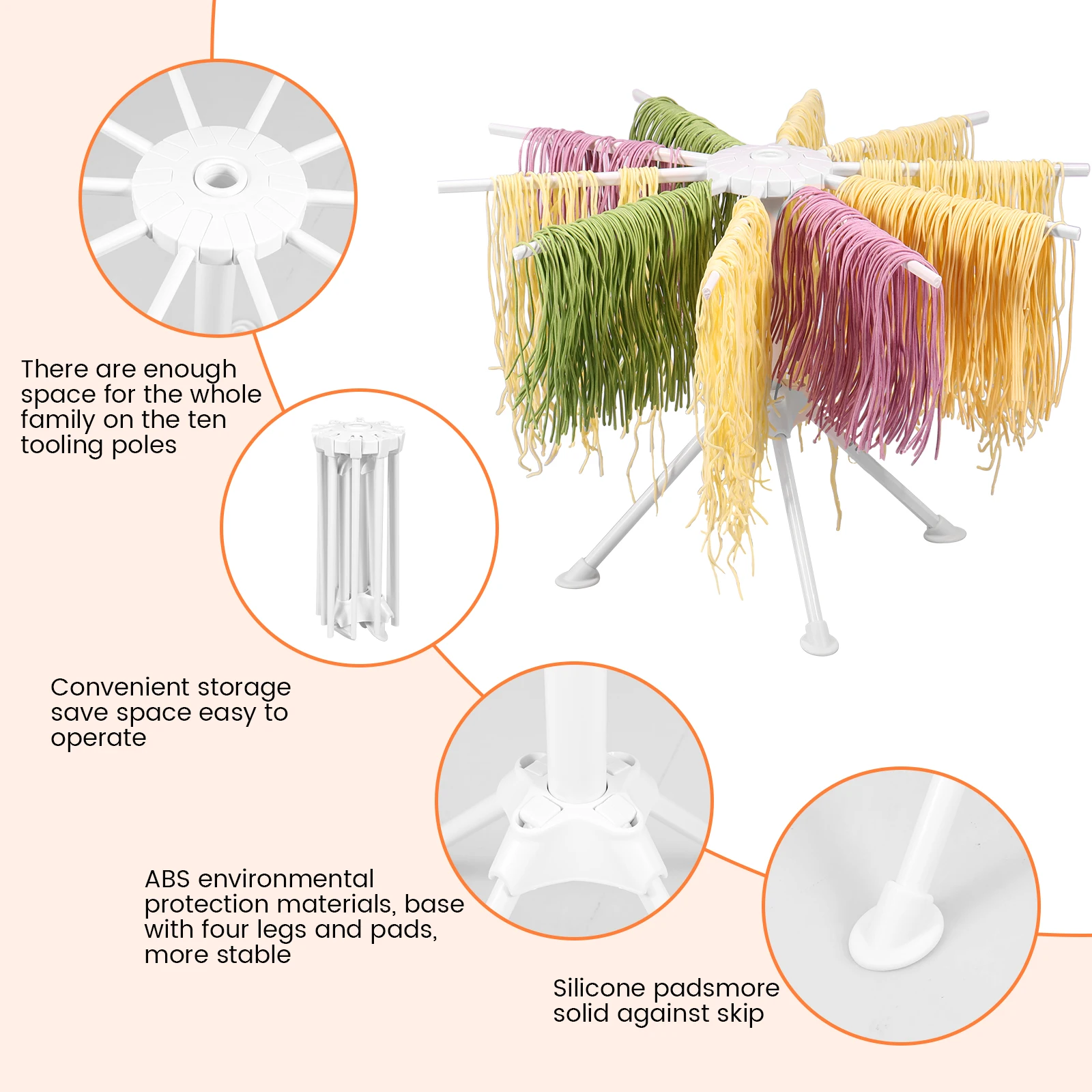 Pasta Drying Rack Foldable Pasta Dryer Rack With 10 Arms Portable Fast Set-Up Stable Noodle Drying Stand For Home Kitchen