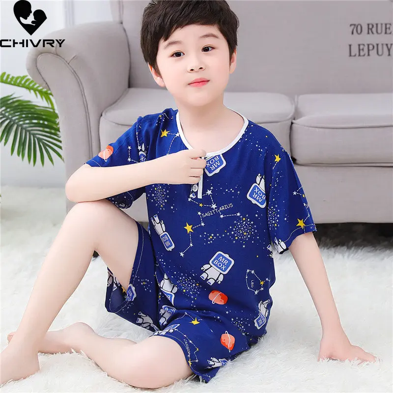 Kids Boys Girls Pajamas New 2023 Summer Thin Cute Cartoon Short Sleeve O-Neck Casual Tops with Shorts Baby Sleeping Clothing Set