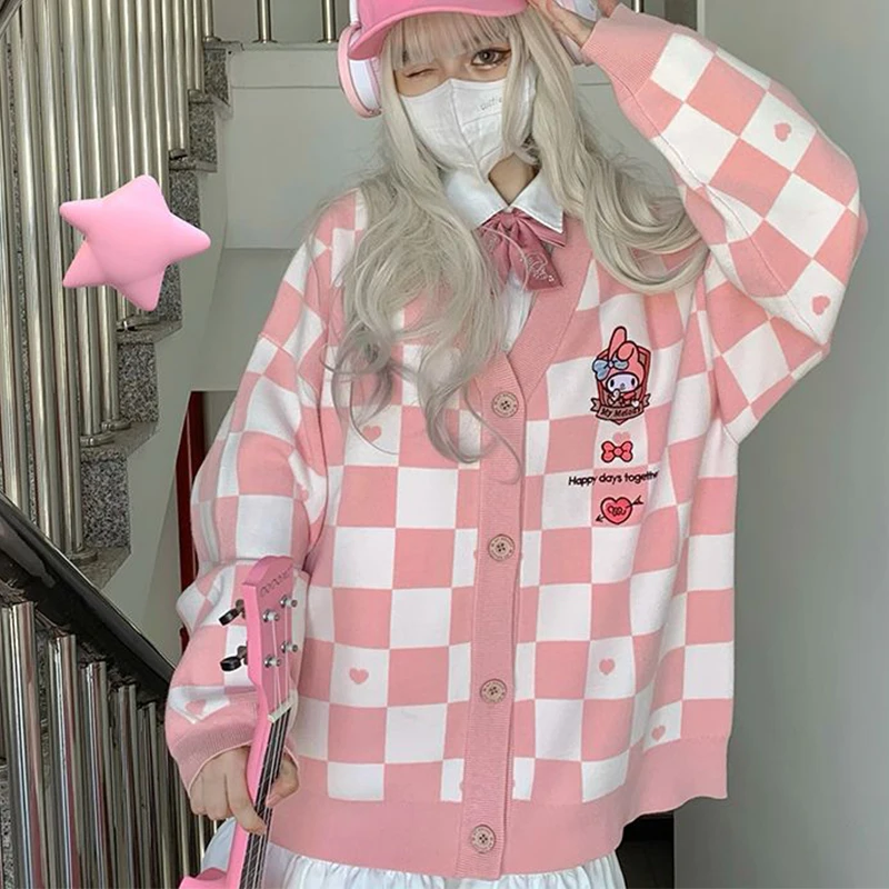 

Kawaii Sanrio свитер кардиган мультфильм My Melody Kuromi Cinnamoroll вышивка Шахматная девушка сердце трикотаж Jk стиль Топ Новинка