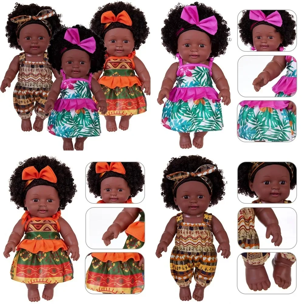 12 Inch Realistic Black Girl Reborn Doll with Dress, Lifelike Vinyl Baby Doll Plush Toy