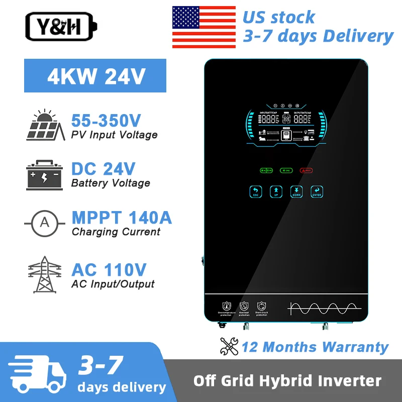 [Stock de EE. UU.] Inversor solar híbrido Y&H 4KW 24V 110V/120V inversor de onda sinusoidal pura con cargador solar MPPT de 140A entrada PV máxima 350VDC