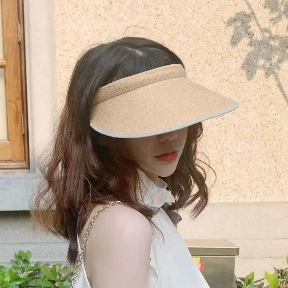 Unisex Sun Hat Adjustable Elastic Band Empty Top Wide Long Brim Sun Anti UV Solid Color Beach Cap Sun Hat Headwear