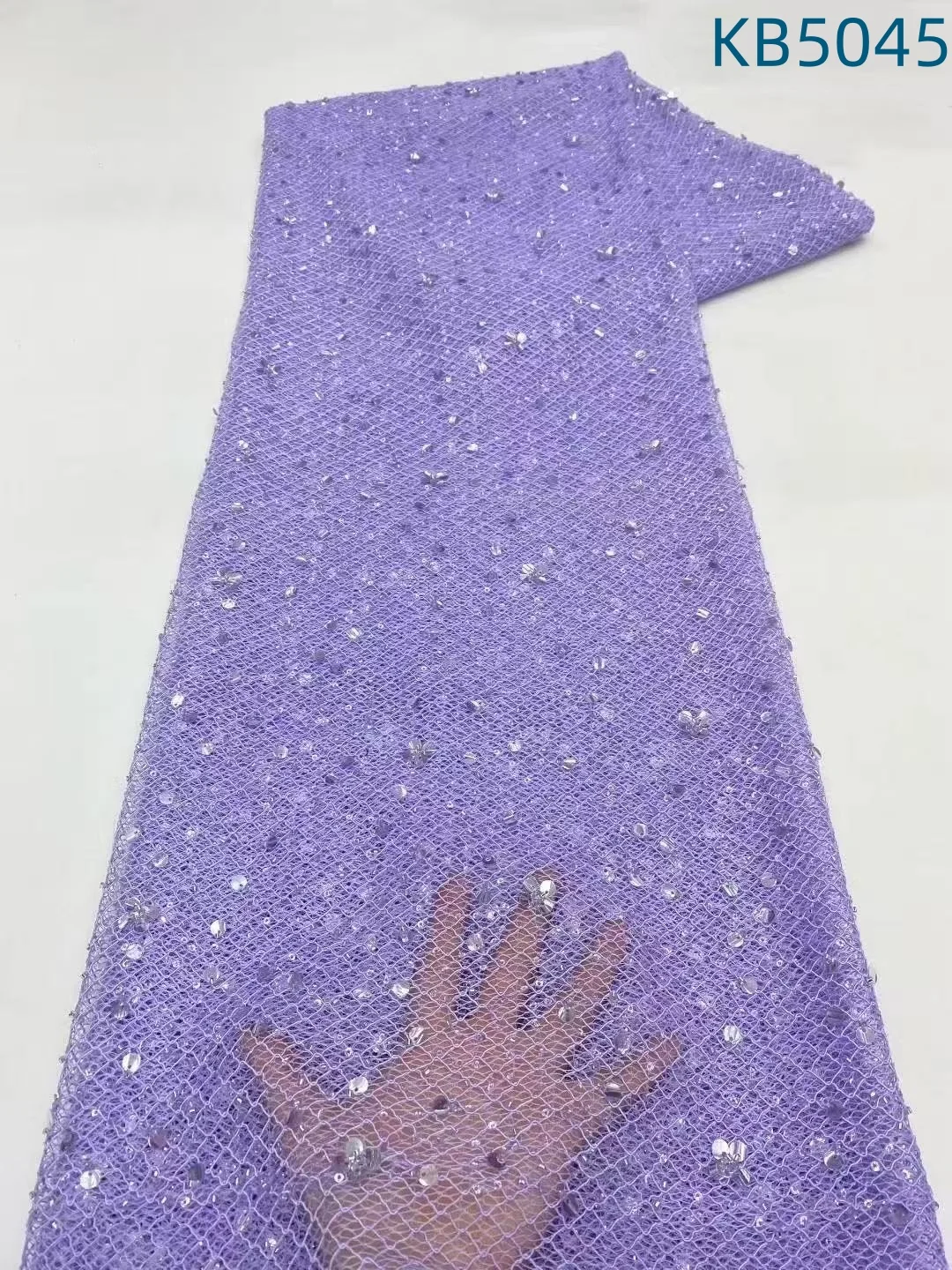 

African Lace Fabric 5 Yards High Quality 2025 Purple Sequins French Mesh Lace White Beaded Tulle Lace Fabrics For Sewing KB5045