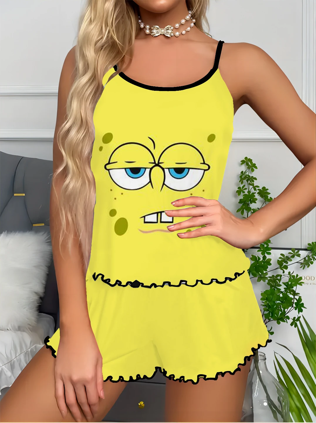 Home Casual Girls Two-piece Suit SpongeBob SquarePants Print Sweet Girl Home Clothes Suspender Top Shorts Two-piece Suit