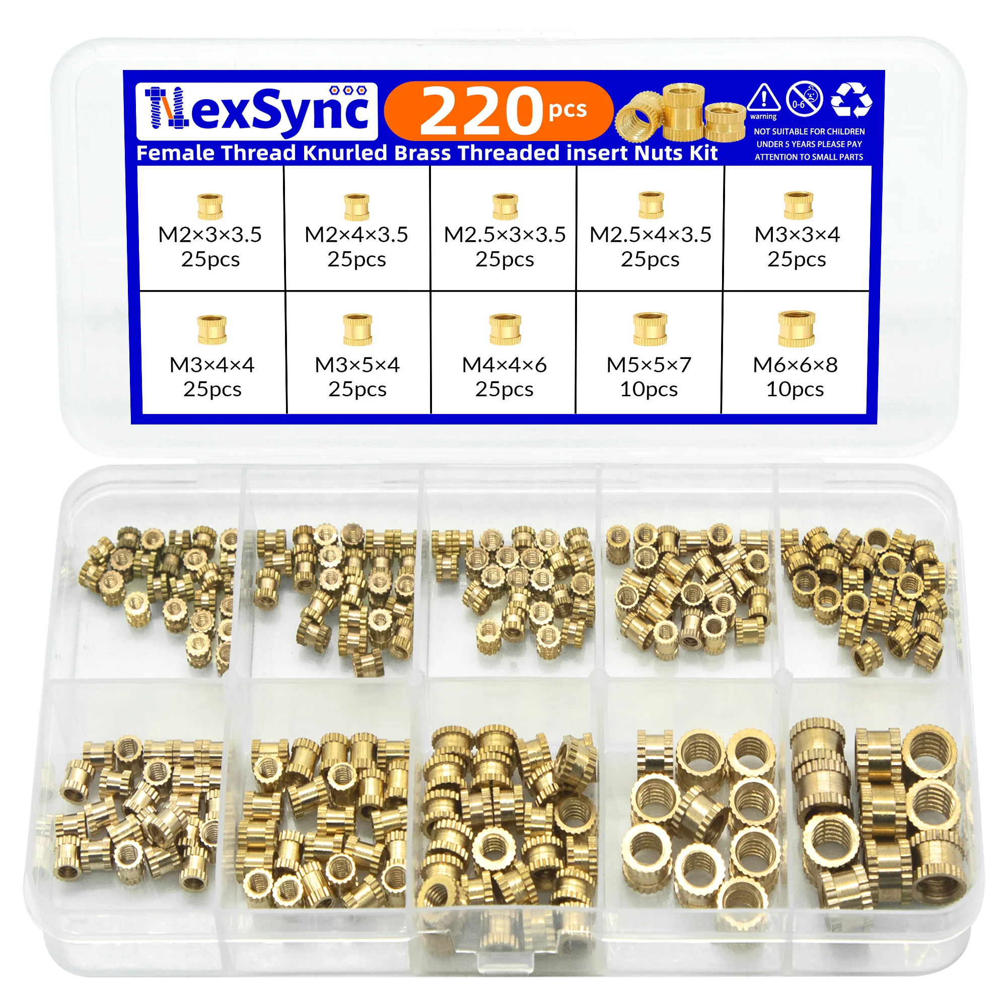 220pcs M2 - M6 Brass Heat Insert Nuts for 3D Printers. Knurled, double - twill threads. Ideal for hot - melt embedding.