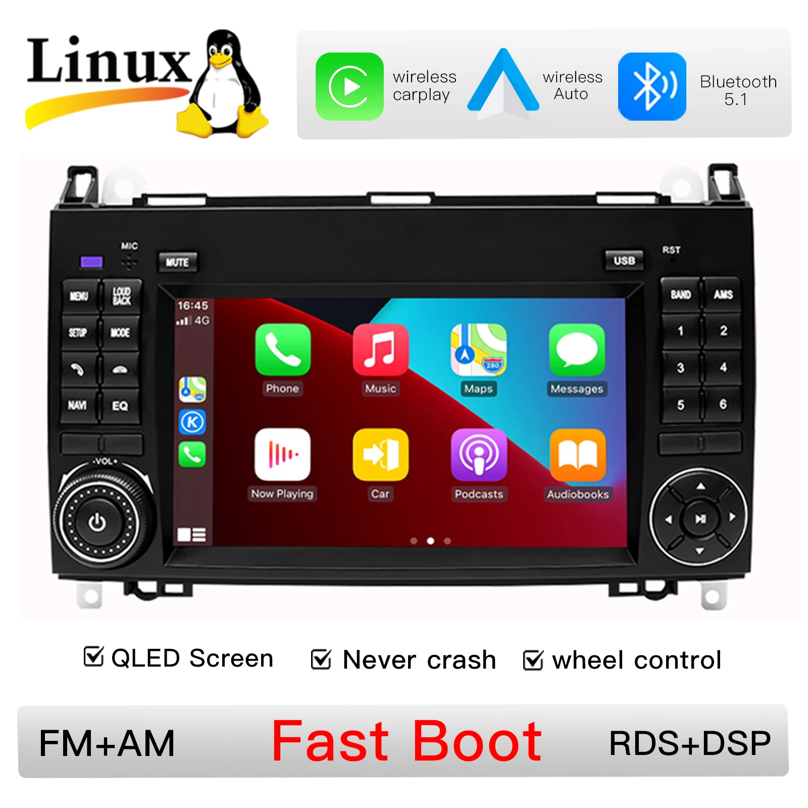 7" 2DIN 1280*720 Linux autoradio voor Mercedes Benz W169 W245 B200 W906 Sprinter W639 Vito, met draadloze CarPlay, Android Auto, multimedia-speler, GPS-navigatie, FM, RDS, DSP, achteruitrijcamera,