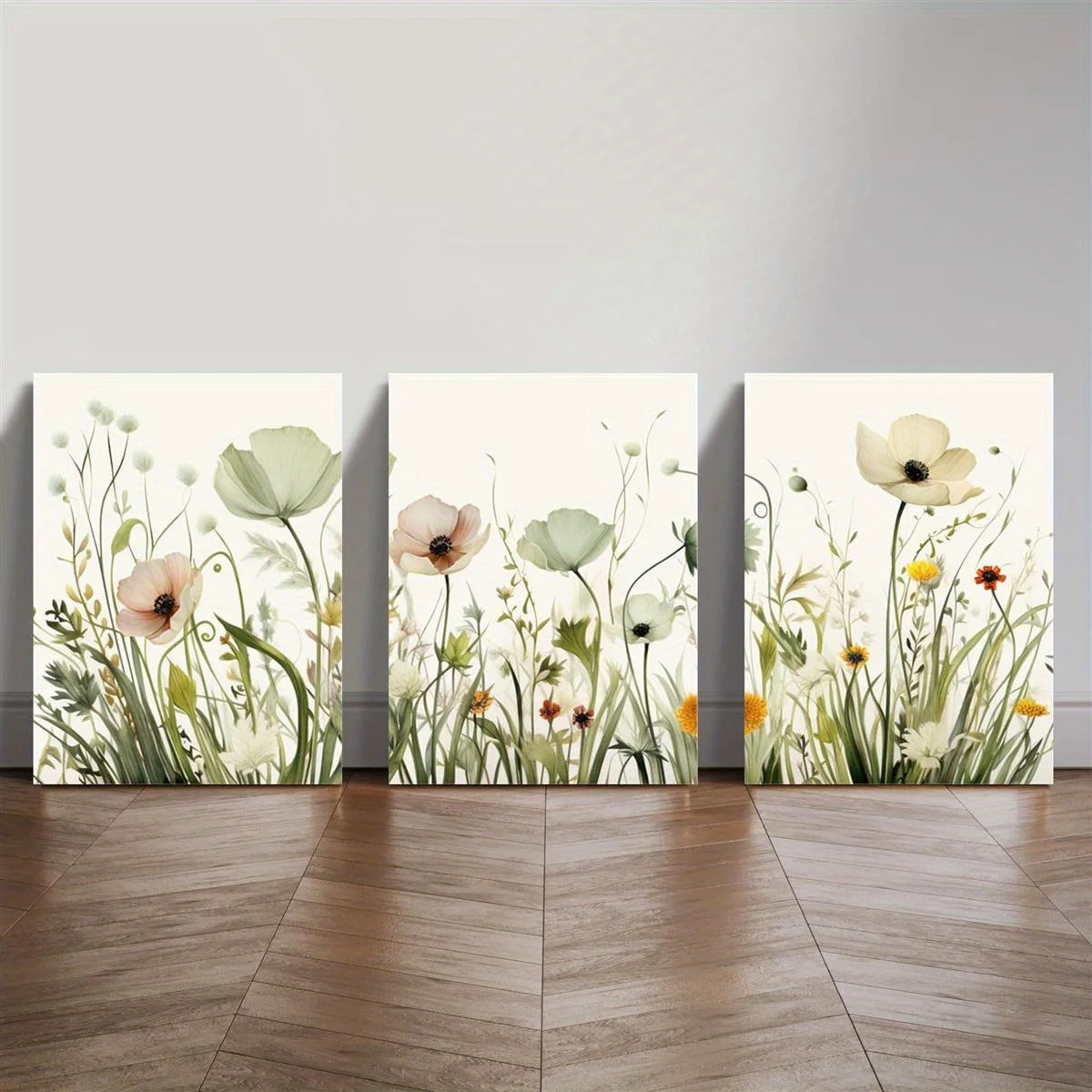 3pcs - Beautiful sage green spring wildflowers field grass flower theme canvas wall art painting clearance sale, 2 - Image 2