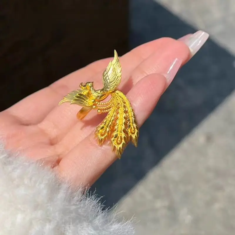 

Women's 24K Gold (AU999) Hollow Phoenix Lace Ring | Openwork carved phoenix, micro-diamond glow with magnetic adjuster