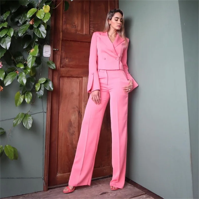 Pink Women Suits Set Blazer+Pants 2 Pcs Shortened Jacket With Split Sleeves Spring Formal Prom Dress Party Coat Solid Color