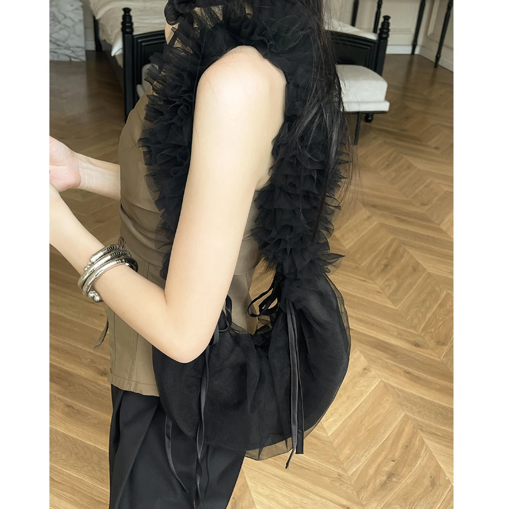 Mesh Lace Hobos Tote Bags for Women Ruched Flounce Shoulder Bag Soft Light Drawstring Crossbody Bags Half Moon Designer Bags New