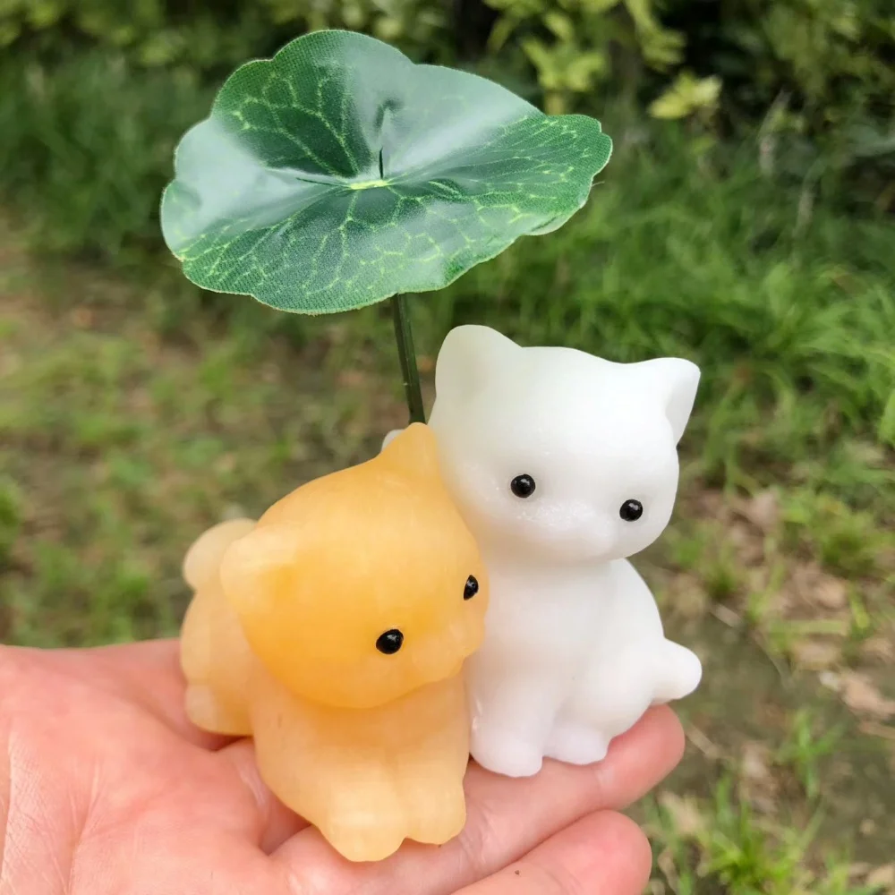 Yellow White Jade Couple Cat Figurine Natural Crystal Kitten Carving With Lotus Leaf Healing Stone Desktop Decor Craft Gift