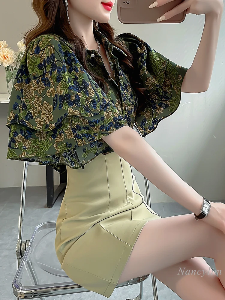 Retro National Style Print Top Summer Buttons Blouse New Style Shirt Women's Green Printed Ruffled Short Sleeves Blusas