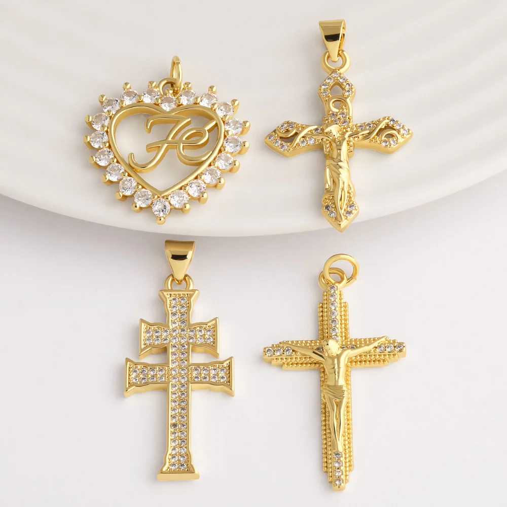 OCESRIO FE Heart Cross Pendant for Necklace DIY Copper Gold Plated Initial Jesus Crucifix Religious Jewelry Supplies pdtb876