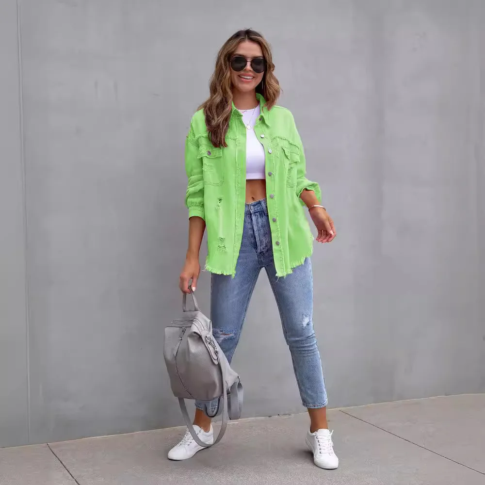 2025 New European and American Style Medium and Long Rough Edge Ripped Denim Jacket, Women's Spring Autumn Casual Lapel Top