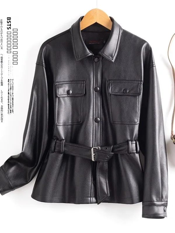 Giacca in Vera Pelle Nera da Donna, Stile Commuter, Cappotto in Pelle di Pecora, Nuova Collezione Autunnale, Taglia Piccola