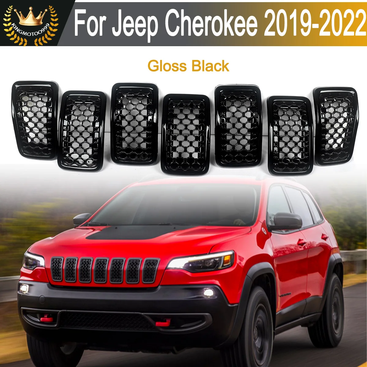 

Black+Chrome Honeycomb Mesh Front Hood Grille Inserts For Jeep Cherokee 2019 2020 2021 2022 Replace For 6AZ88DX8AB, 6AZ88XS9AB