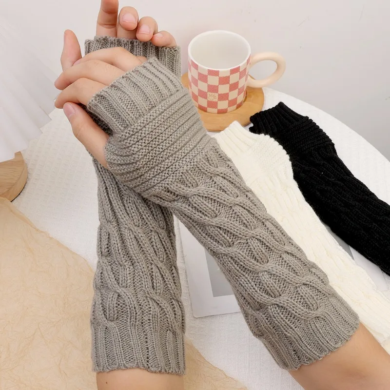 

Women Winter Long Fingerless Gloves Warm Soft Wool Knitted Mittens Elegant Wrist Arm Hand Half Finger Elastic Arm Warmer