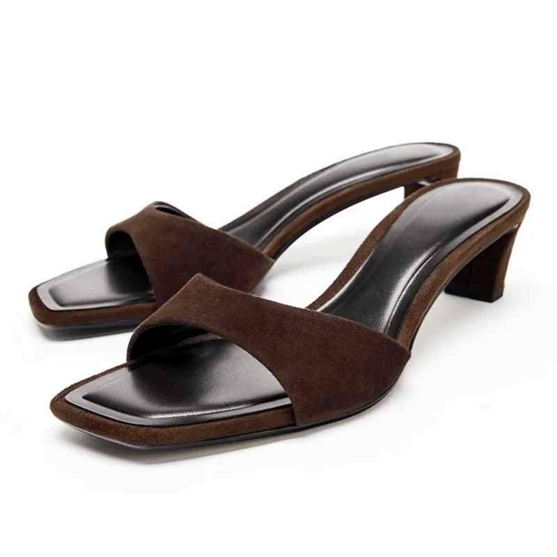 

2026 Summer Women Heels Sandals Square Toe Open Toe Comfy Casual Slides Ladies Brown Suede Fashion Women Kitten Heel Slippers