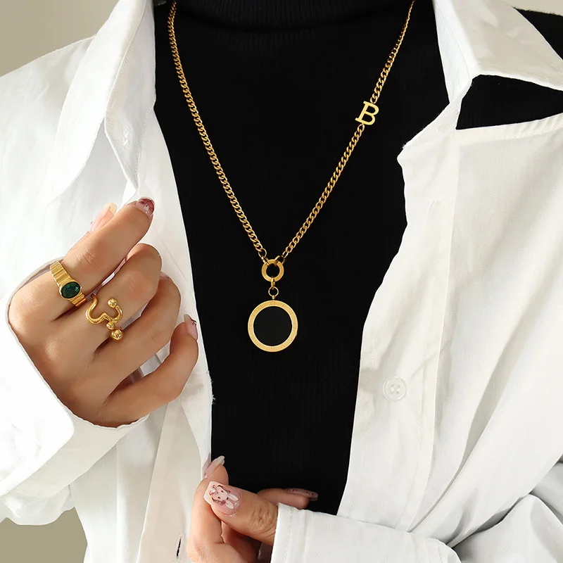 TOSOKO Stainless Steel Jewelry Roman Number Double Sided Pendant Autumn Winter Sweater Chain Women Fashion Letter Necklace M004