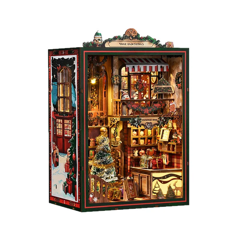 

Merry Christmas Shop DIY Wooden House Casa Figurines Miniature Kits With LED Light Home Desk Decoration For Adult Handmade Gifts