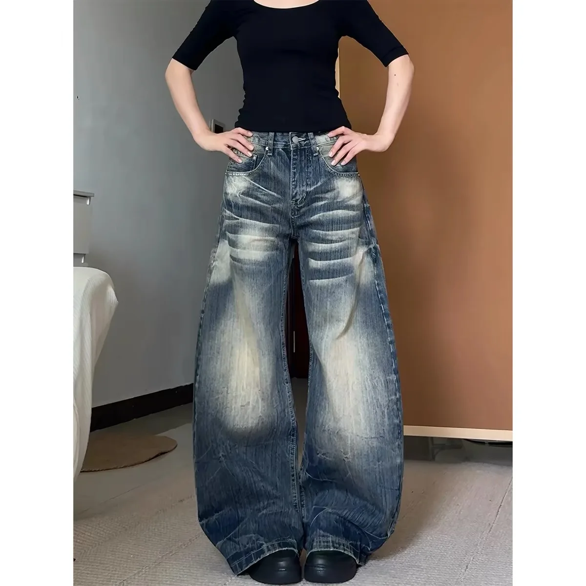 Washed out American Style Wide Leg Knife Pants Women's Lazy Pear Shape Body Drapey Loose Slimming Small Size Floor Length Pants