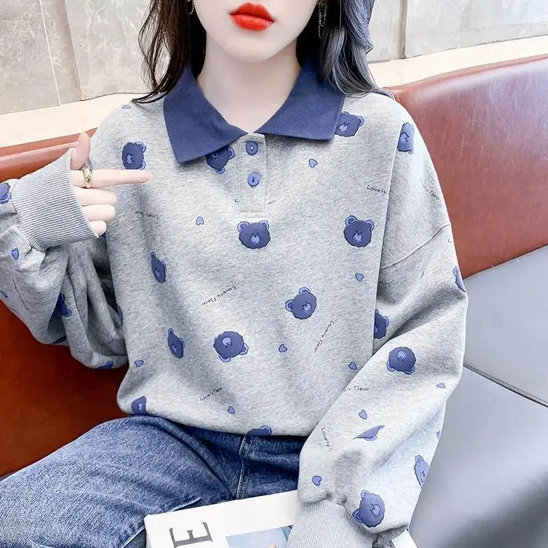 Fashion Lapel Printed Letter Cartoon Sweatshirts Female Clothing 2023 Autumn Winter Loose All-match Tops Casual Sweatshirts