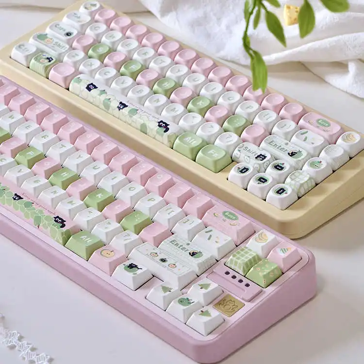 129 Key MOA Profile Green Apple Cute Cat Set with Five-Sided Sublimation Printing Compatible with MX-switch Mechanical Keyboard