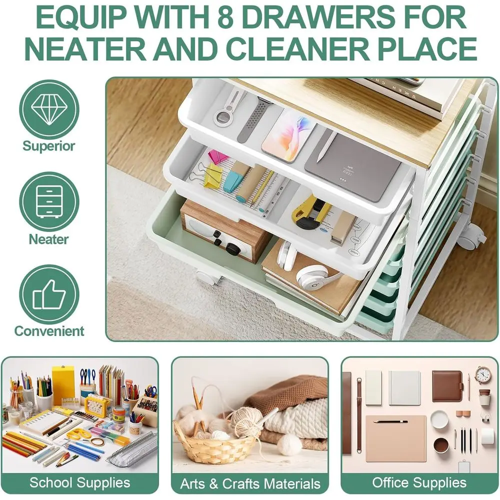 8-Drawer Storage Cart with White Drawers & Wooden Top for Classroom and Office Organization in Green