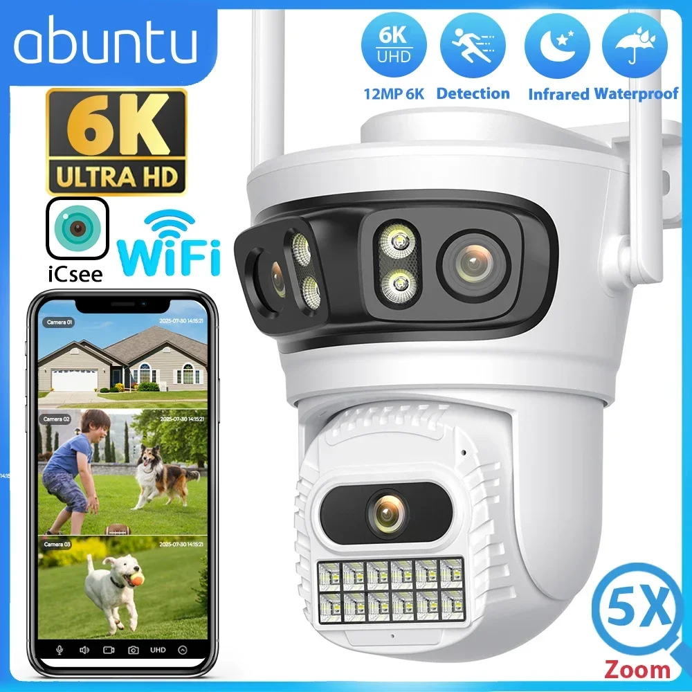 12MP 6K Outdoor Wifi Camera ICsee Three Screens Surveillance Camera Night Vison Ultra Wide View Angle Panoramic Security Camera