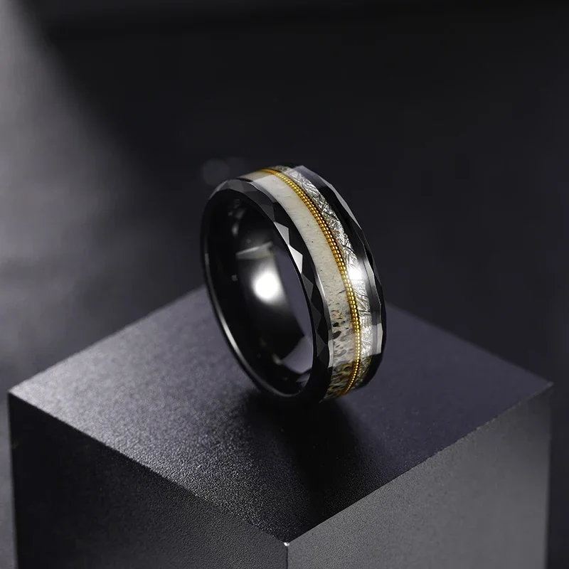 Somen 8mm Tungsten Ring Antlers Gold Guitar String And Silver Wire Inlay Wedding Rings For Men Engagement Band Fashion Jewelry