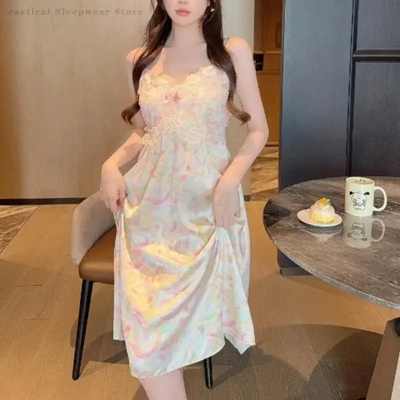 

Summer New Satin Sleepwear Nightdress Home Dressing Gown Sexy Suspender Lingerie Nightgown Slim Lace Print Nighty Loungewear