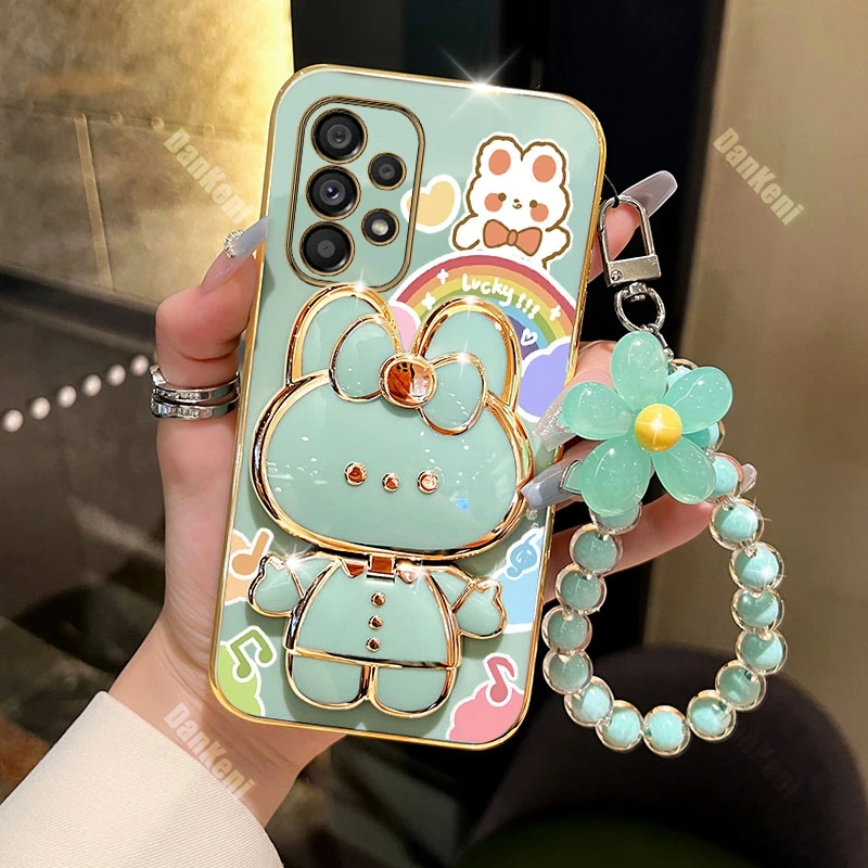 A53 A54 Lucky Rabbit Holder Bracelet Plating Phone Case For Samsung A53 A51 A54 A55 A52S A25 A34 A35 A50S A52 A50 A42 A33 Cover