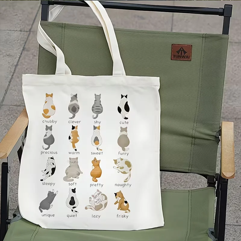 Grid Back View Kitten With Trait Words Printed Canvas Tote Bag Handbag For Daily Commute Shopping And Short Travel Use