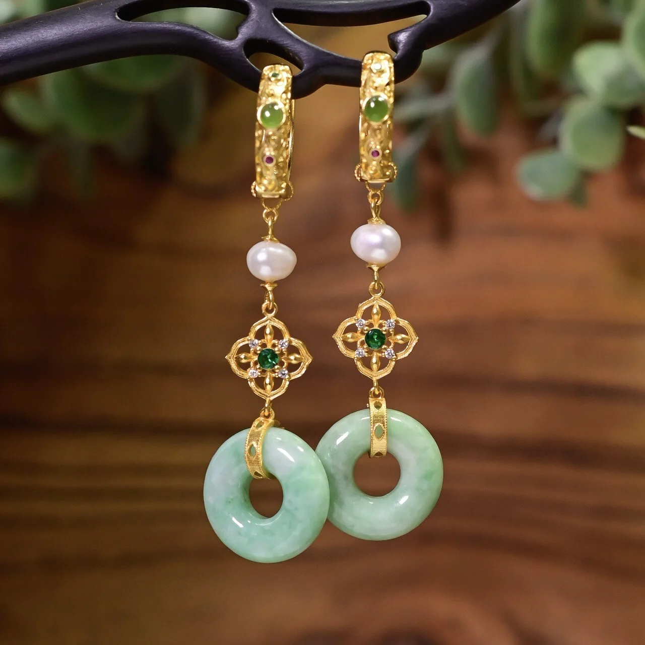 

A-Grade Green Jade Donut Earrings, Freshwater Pearl S925 Gold Plated, Chinese Style Gemstone Jewelry Gift