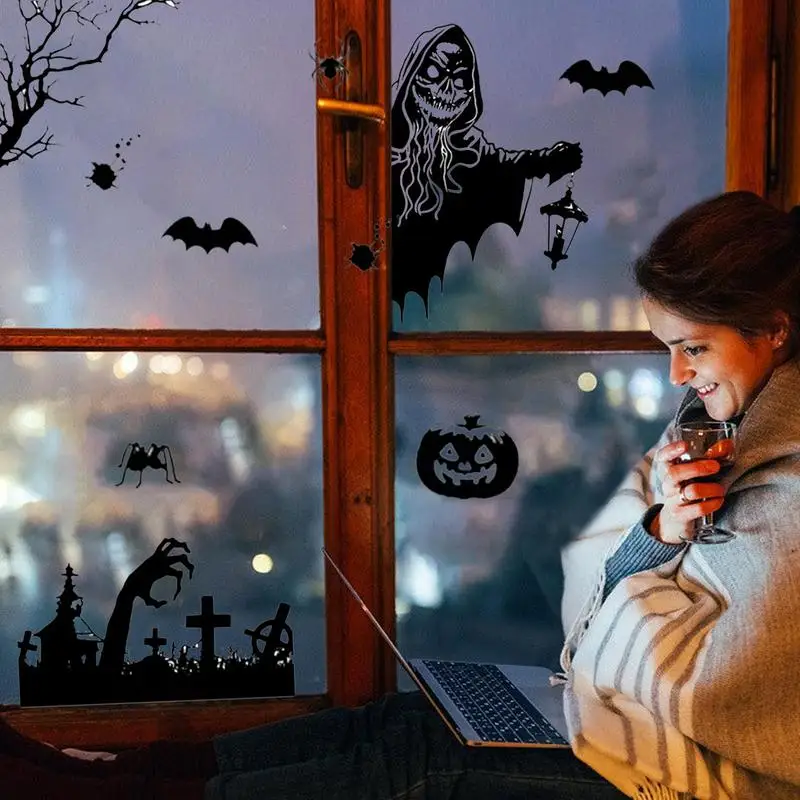Pegatinas de ventana de Halloween, esqueleto estático, fantasmas, bruja, calabaza, silueta, divertidas y terroríficas, temáticas de Halloween para decoración de fiesta