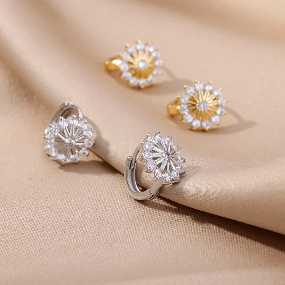 Colored Zircon Star Flower Earrings For Women Stainless Steel Petal Sunflower Hoop Earrings Luxury Jewelry Party Gifts brincos