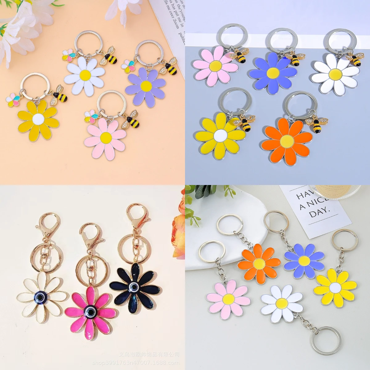 Cross border Bee Personalized Daisy Keychain Pendant, Stainless Steel Small Flower Keyring Bag, Car Key Pendant