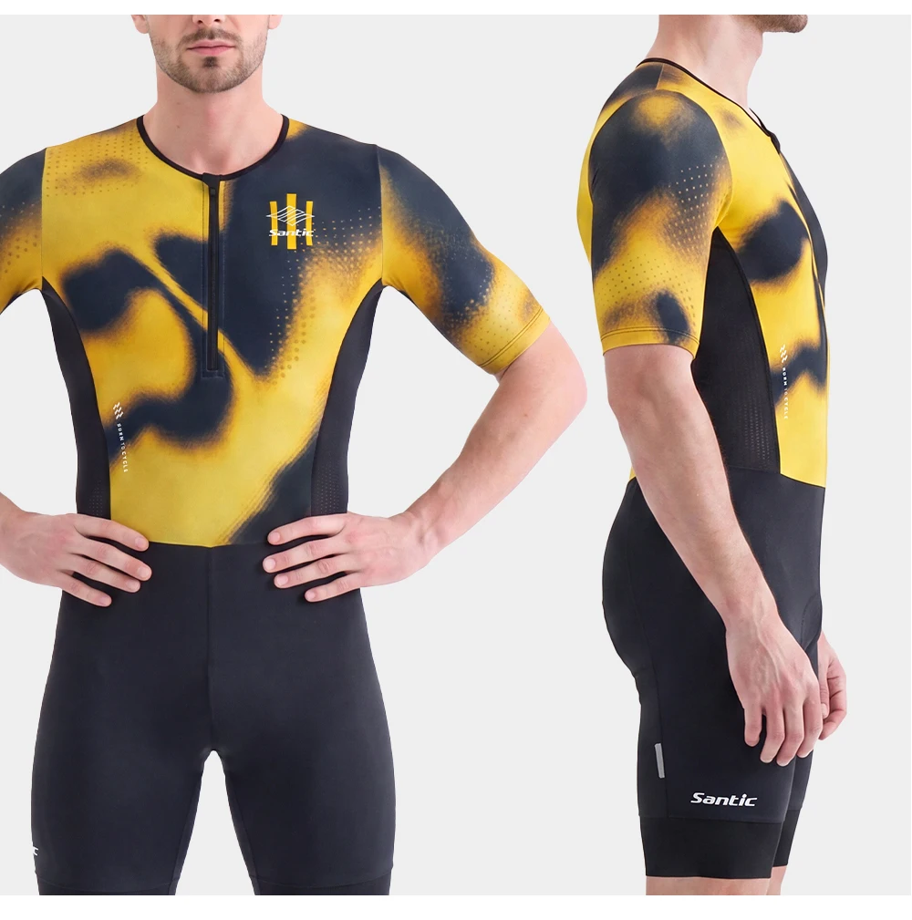 Santic Herren-Triathlon-Skinsuit mit kurzen Ärmeln, atmungsaktiver, elastischer Radsport-Overall mit 80 kg hochdichtem Polsterpolster KM26C03030 – Detail 12