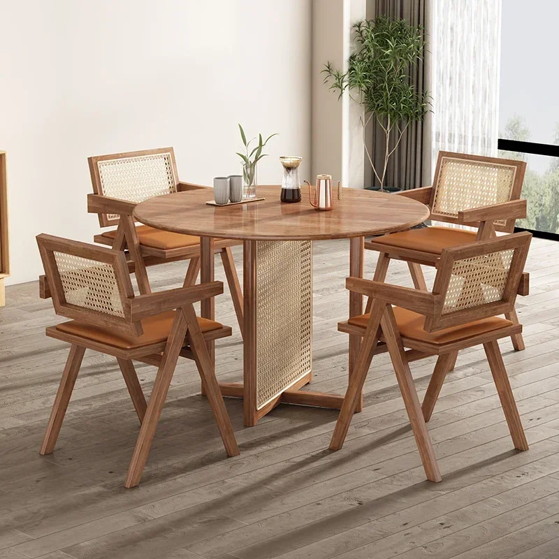 Solid Wood Center Dining Table Nordic Simple Kitchen Apartment Rattan Round Multifunctional Mesa Comedor Restaurant Designer