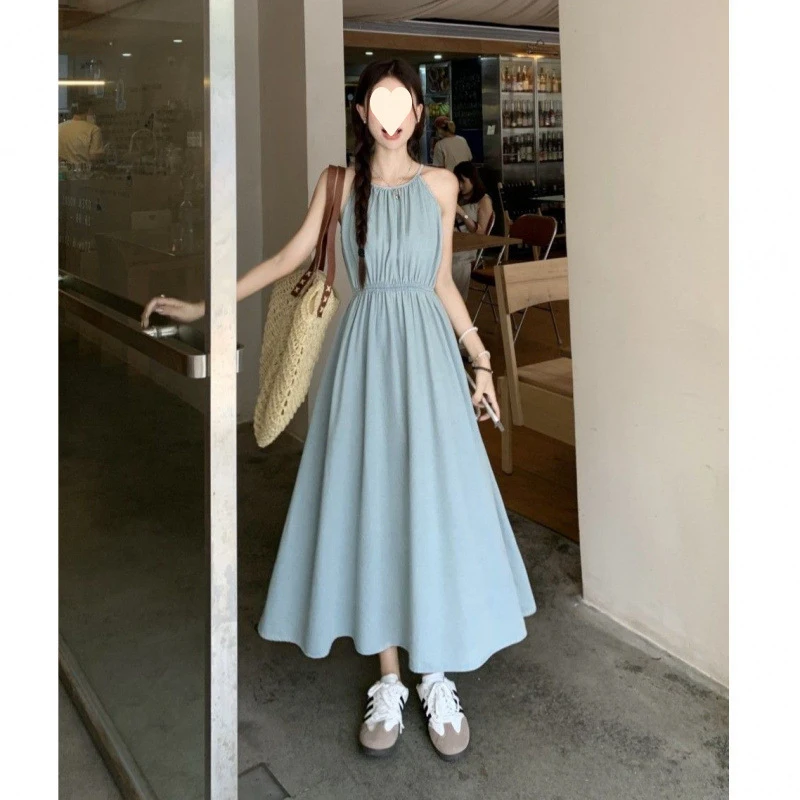 

Blue French-style halter neck dress for women, new summer seaside vacation style sleeveless beach long dress